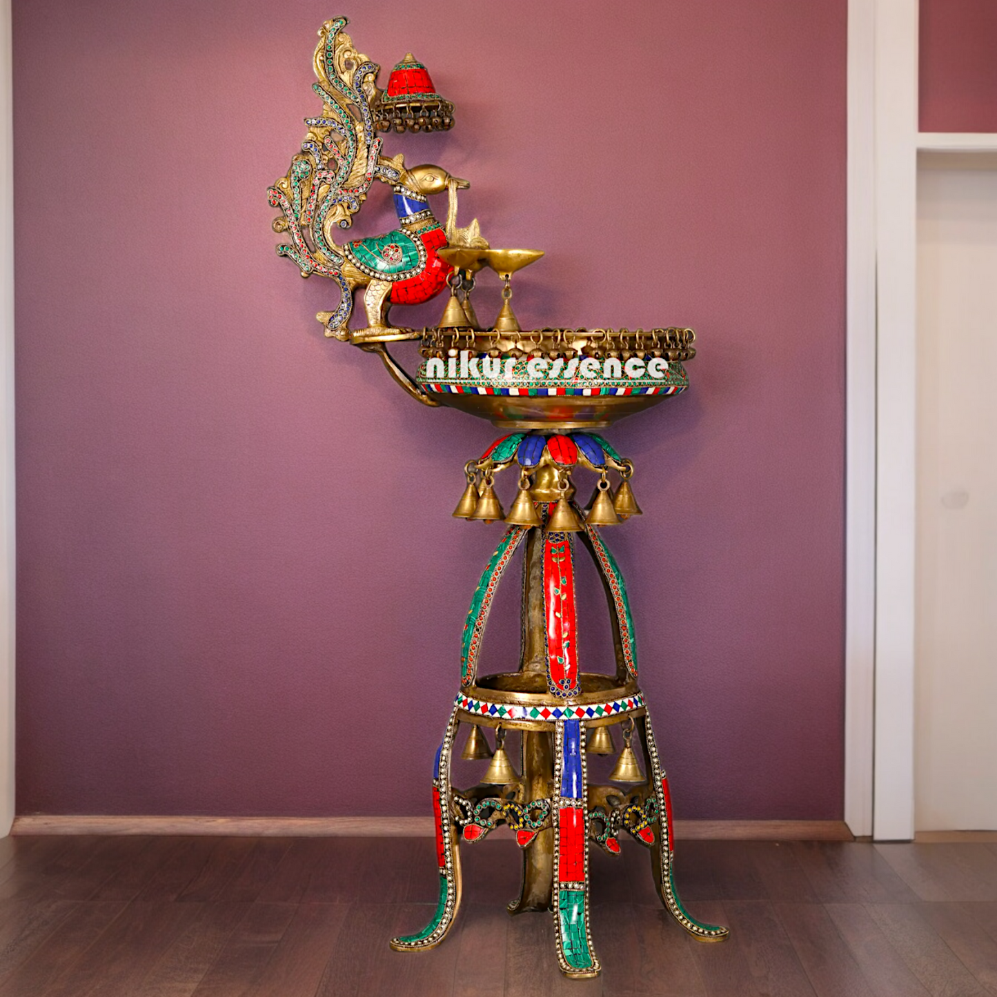 Large Peacock Urli with Diya Stone Work - 41 Inch Nikuressence