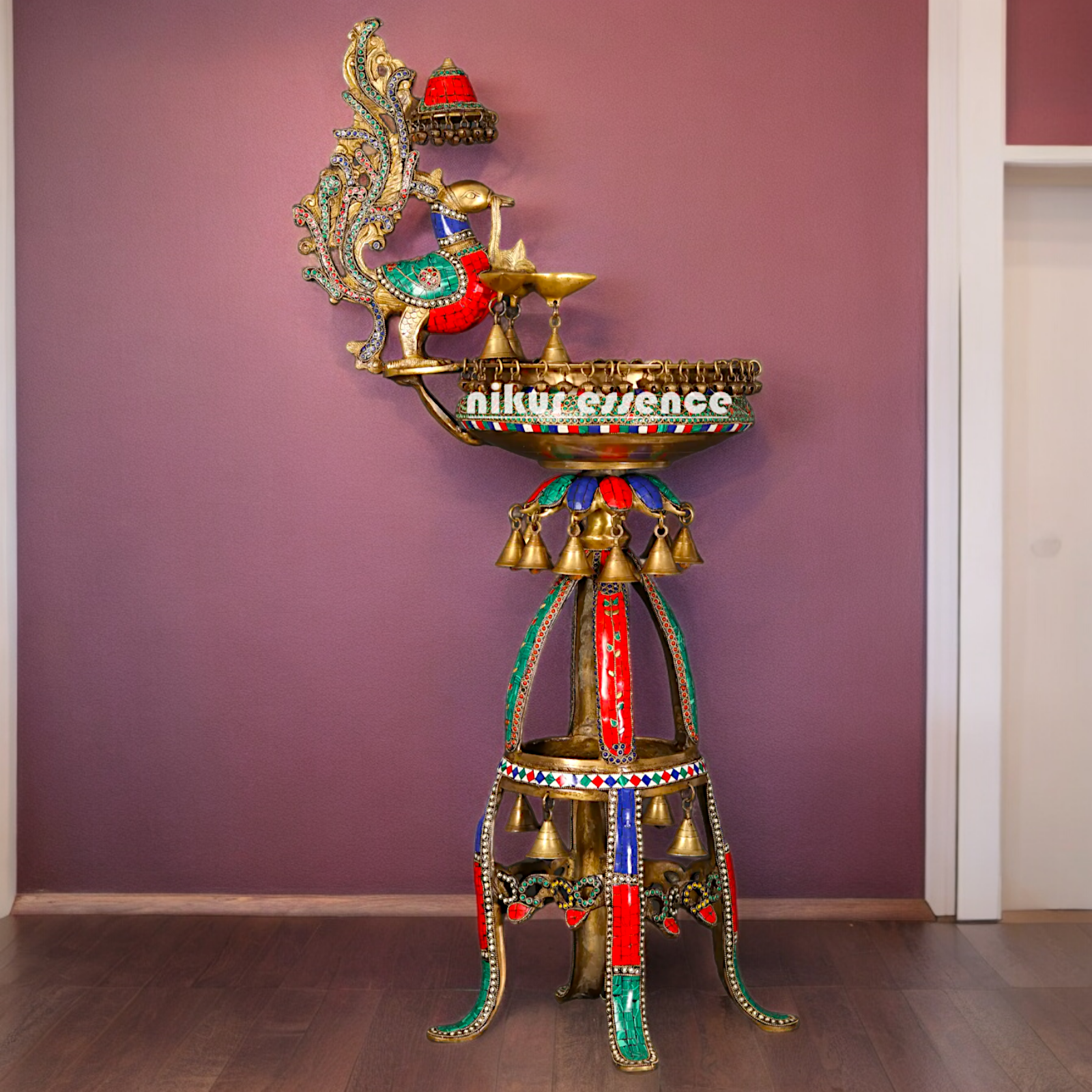 Large Peacock Urli with Diya Stone Work - 41 Inch Nikuressence