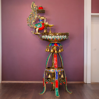 Large Peacock Urli with Diya Stone Work - 41 Inch Nikuressence