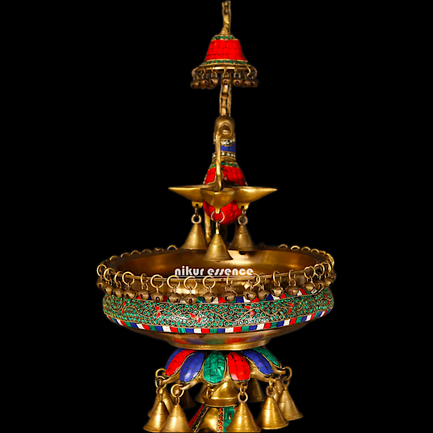 Large Peacock Urli with Diya Stone Work - 41 Inch Nikuressence