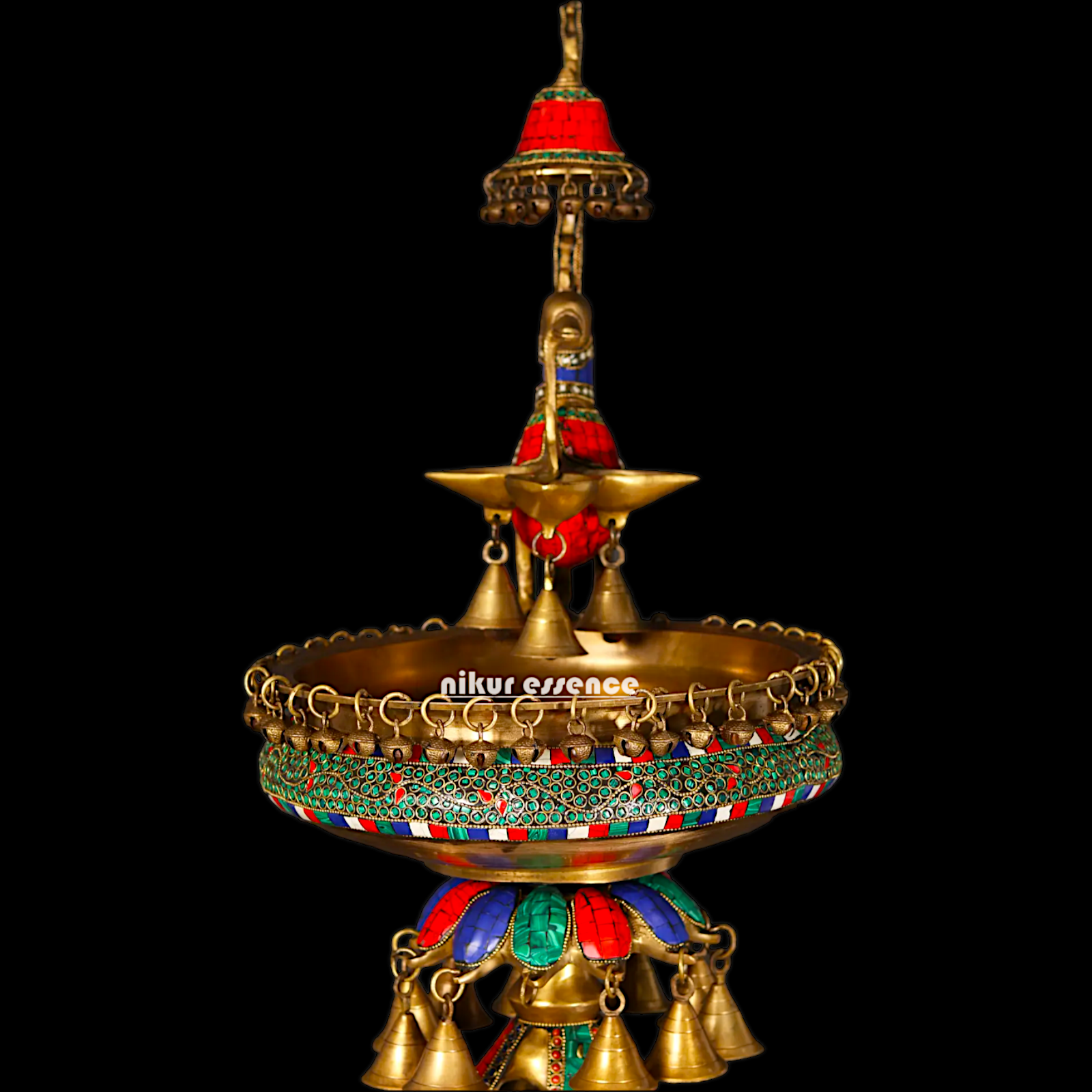 Large Peacock Urli with Diya Stone Work - 41 Inch Nikuressence
