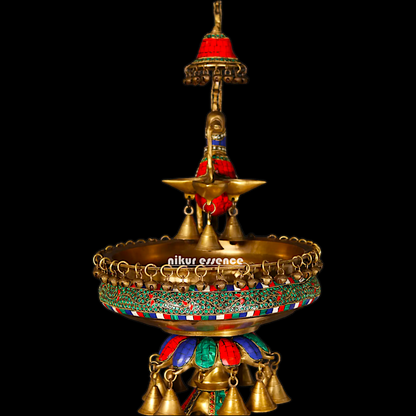 Large Peacock Urli with Diya Stone Work - 41 Inch Nikuressence