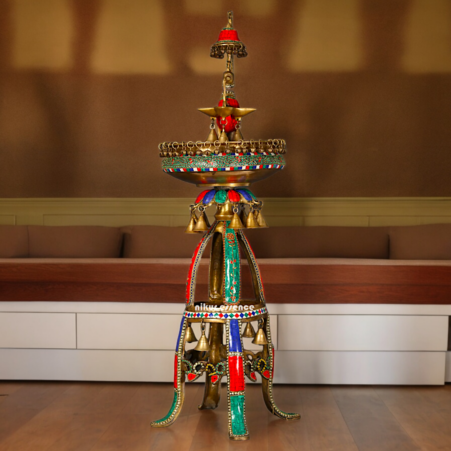 Large Peacock Urli with Diya Stone Work - 41 Inch Nikuressence