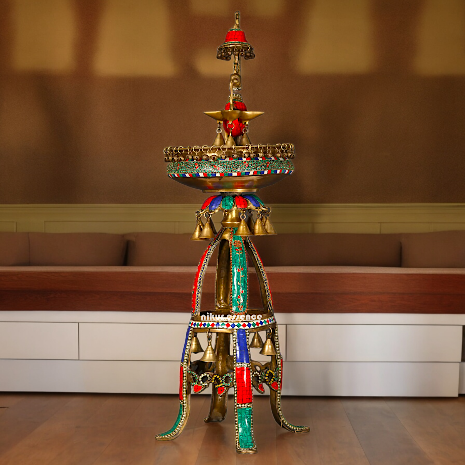 Large Peacock Urli with Diya Stone Work - 41 Inch Nikuressence