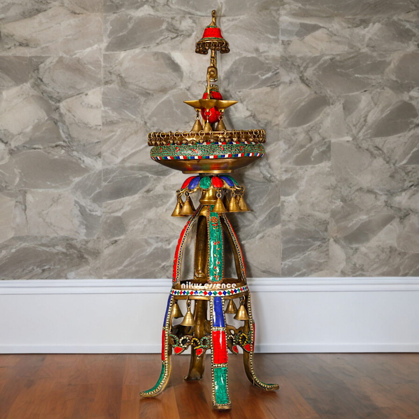 Large Peacock Urli with Diya Stone Work - 41 Inch Nikuressence