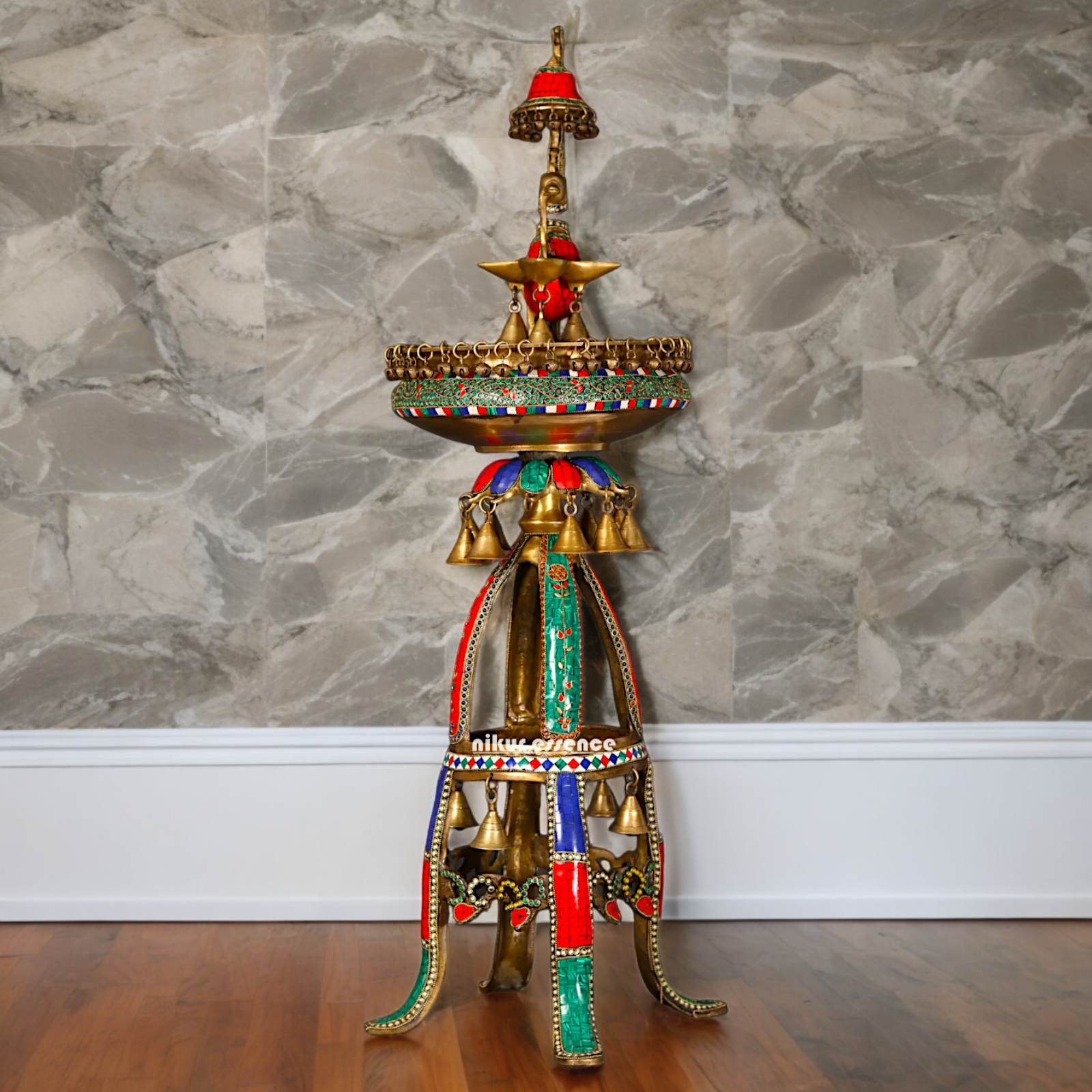 Large Peacock Urli with Diya Stone Work - 41 Inch Nikuressence