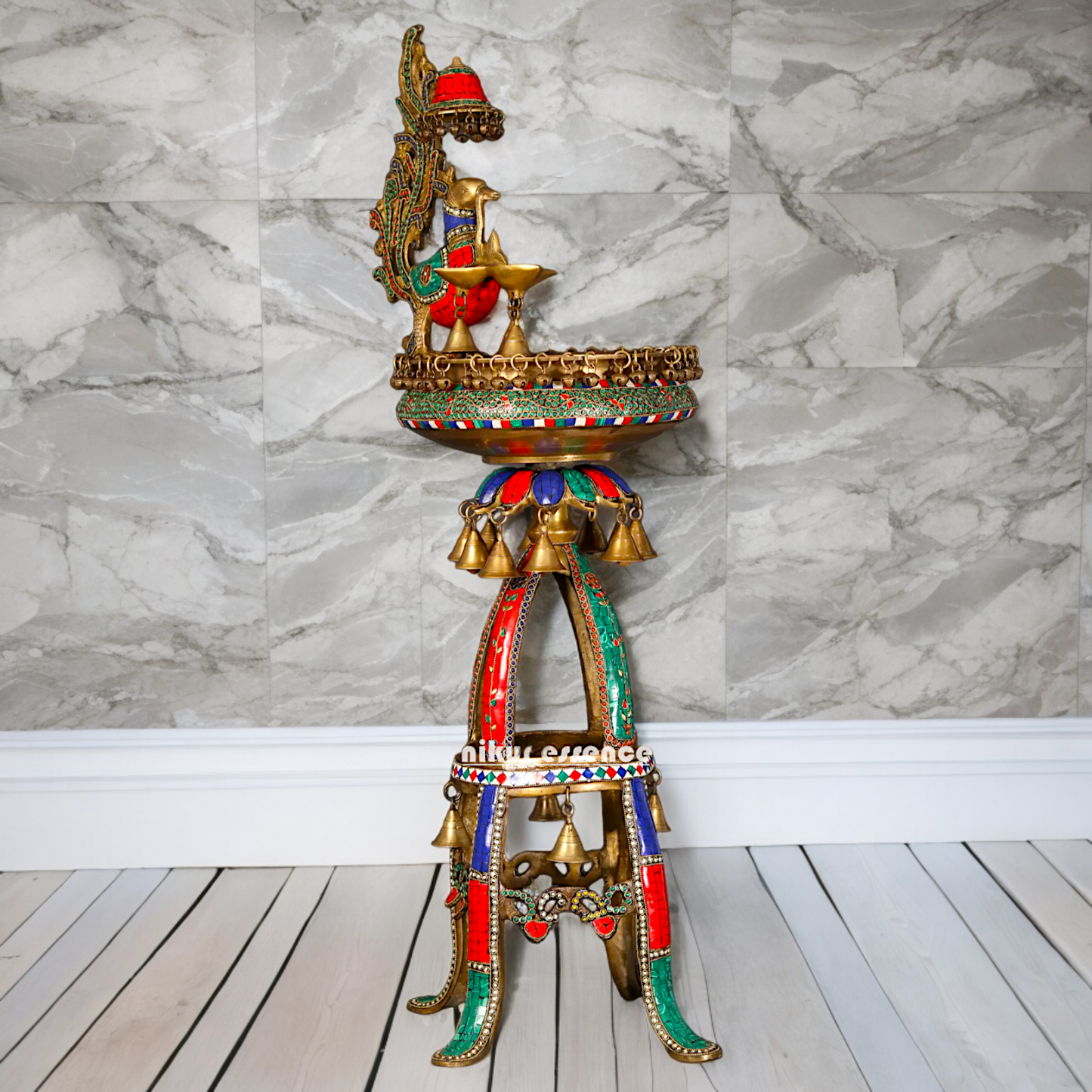 Large Peacock Urli with Diya Stone Work - 41 Inch Nikuressence