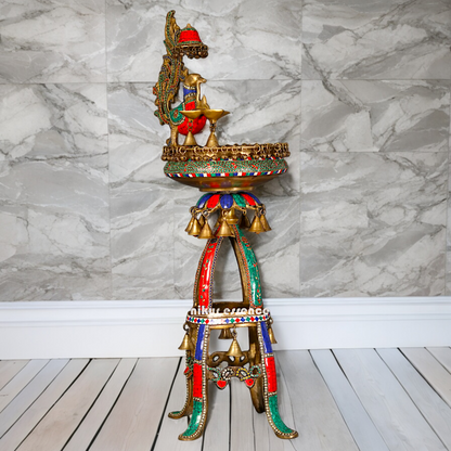 Large Peacock Urli with Diya Stone Work - 41 Inch Nikuressence