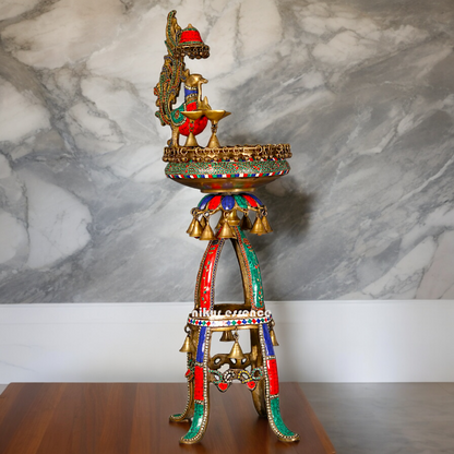 Large Peacock Urli with Diya Stone Work - 41 Inch Nikuressence