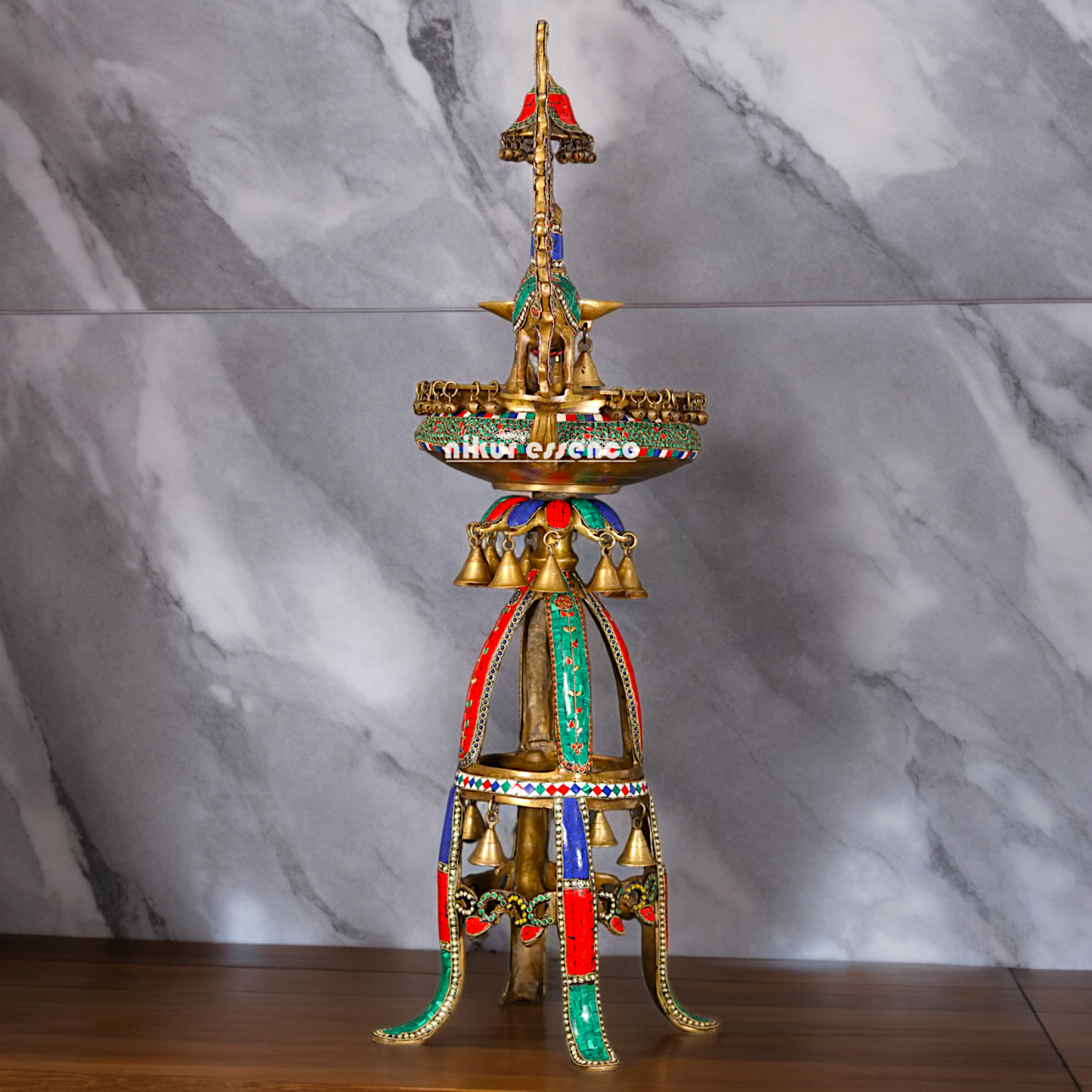 Large Peacock Urli with Diya Stone Work - 41 Inch Nikuressence