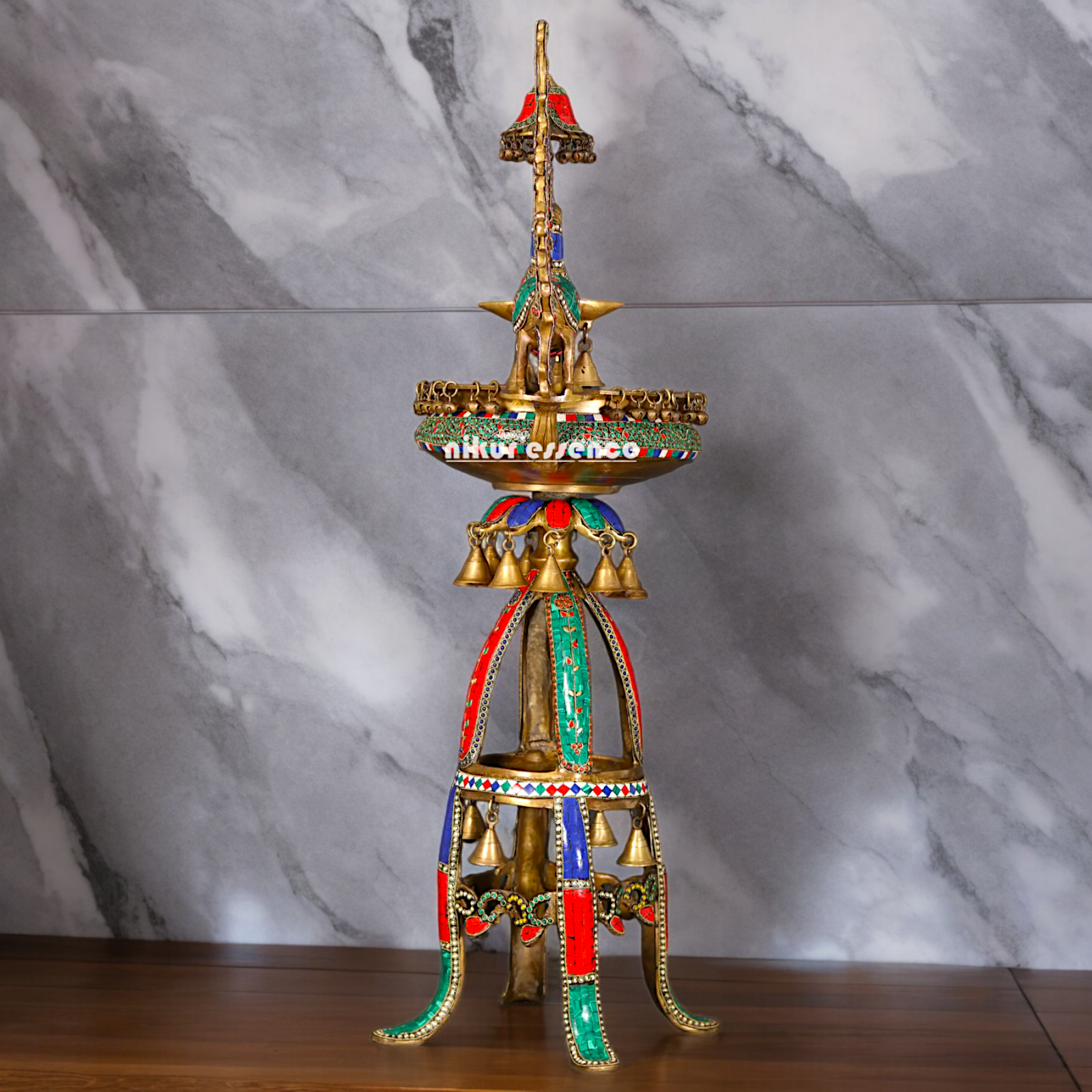 Large Peacock Urli with Diya Stone Work - 41 Inch Nikuressence
