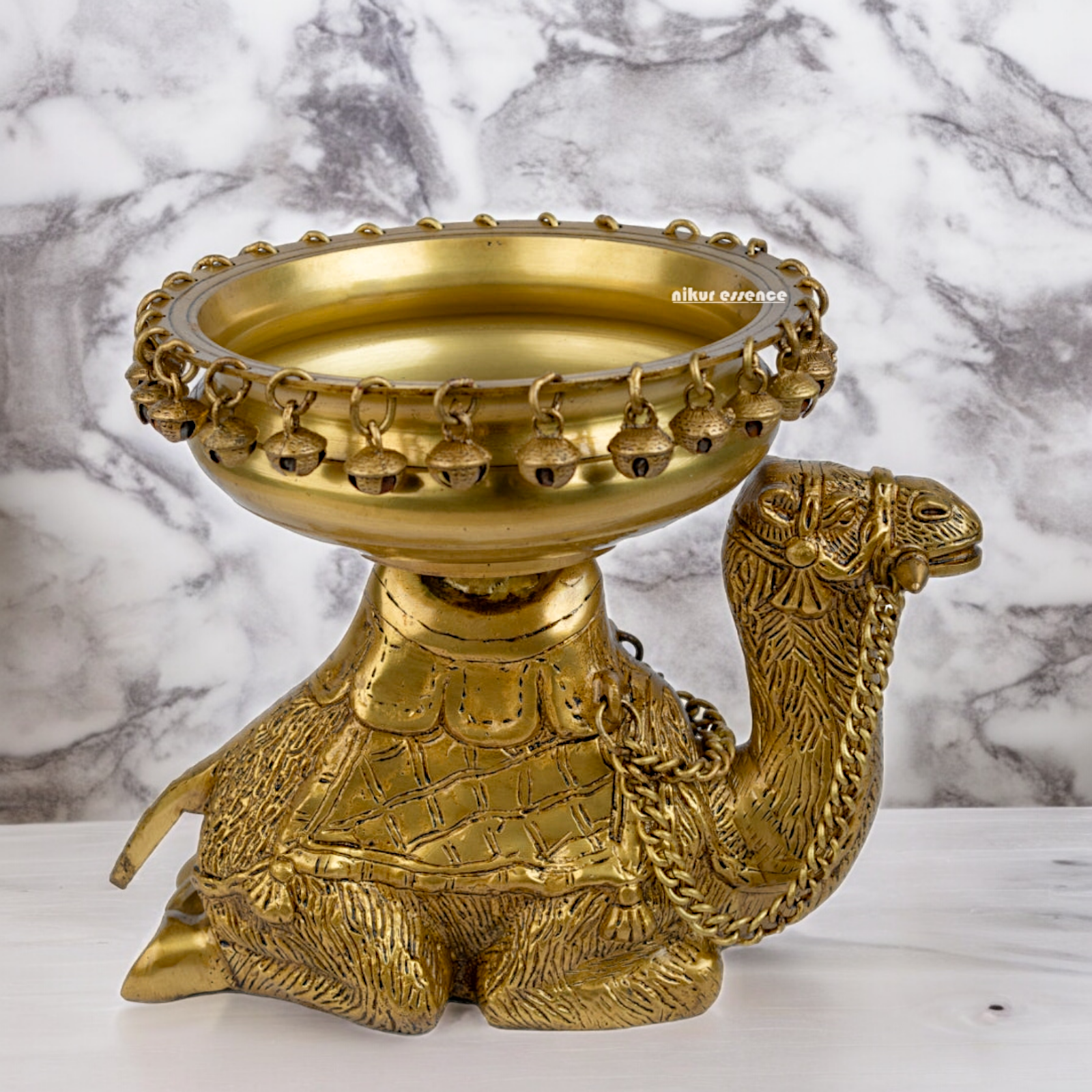 Solid Brass Camel Urli with Bells Ghungroo - 9.5 inch Nikuressence