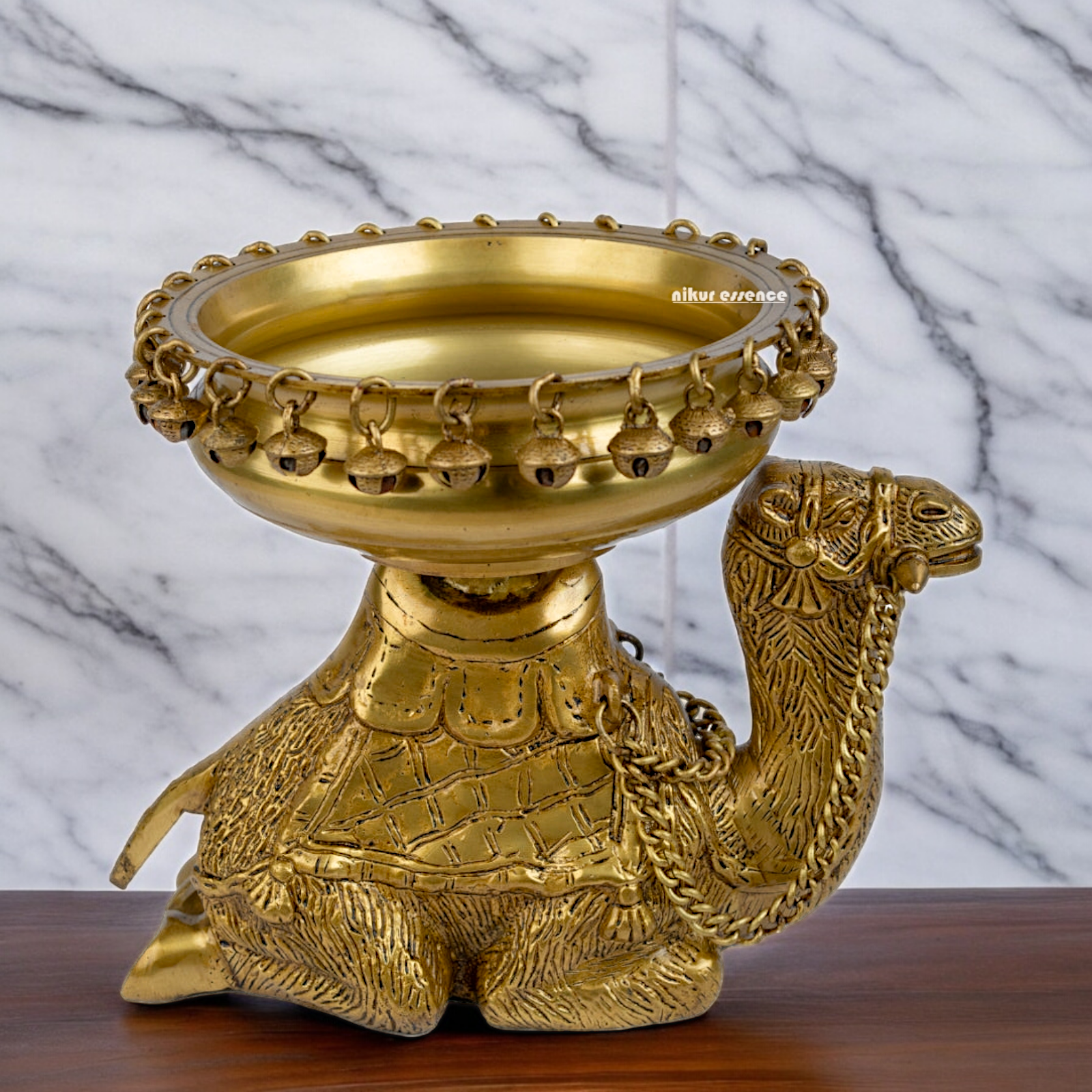 Solid Brass Camel Urli with Bells Ghungroo - 9.5 inch Nikuressence