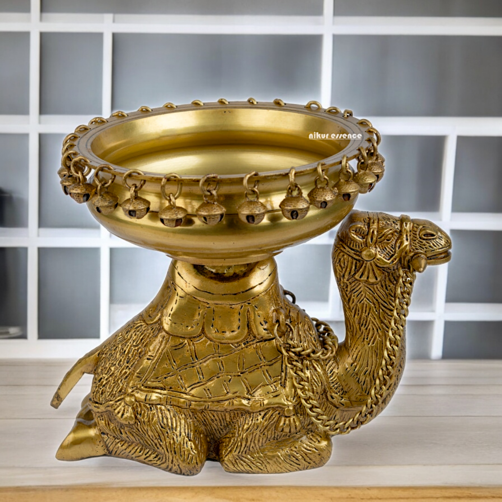 Solid Brass Camel Urli with Bells Ghungroo - 9.5 inch Nikuressence