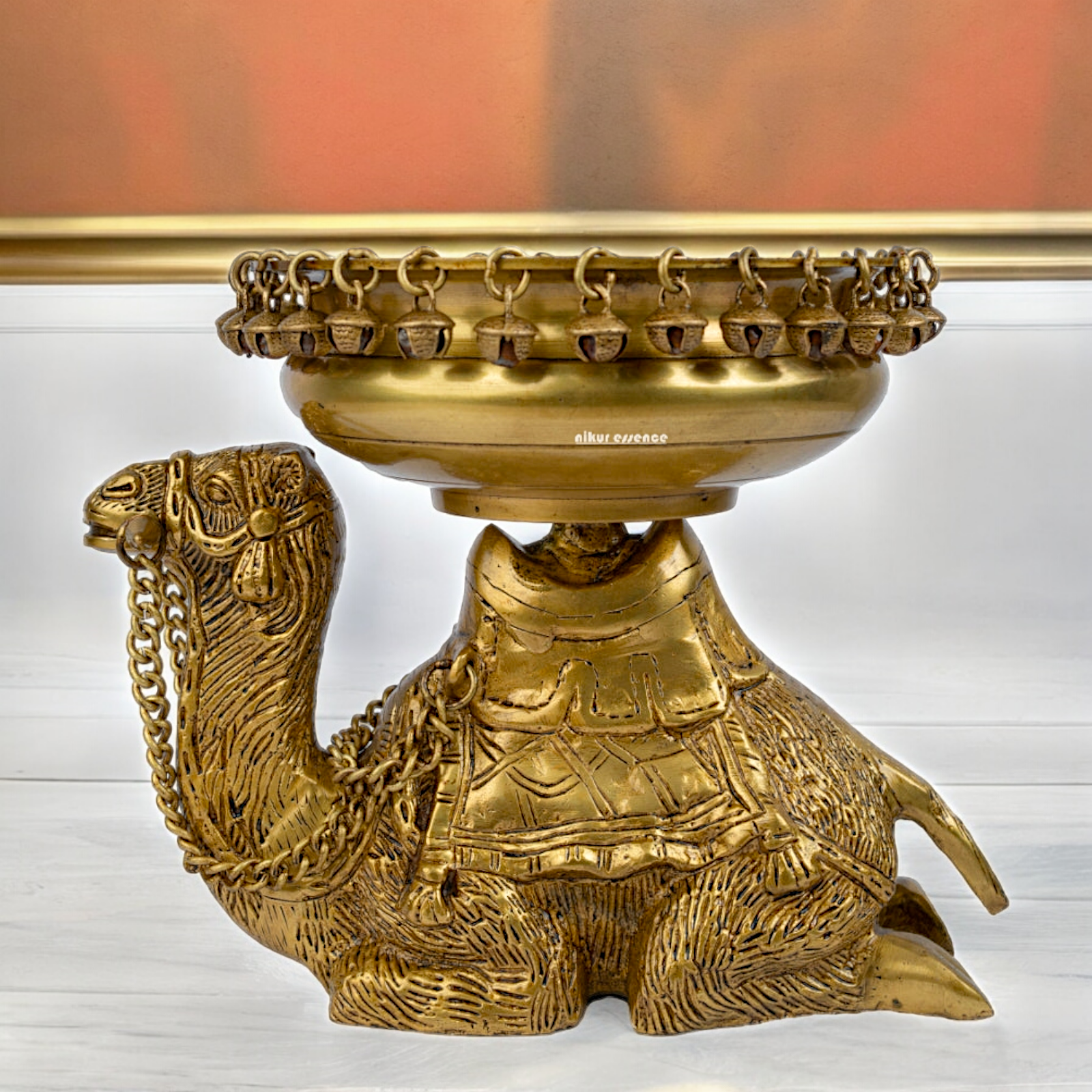 Solid Brass Camel Urli with Bells Ghungroo - 9.5 inch Nikuressence