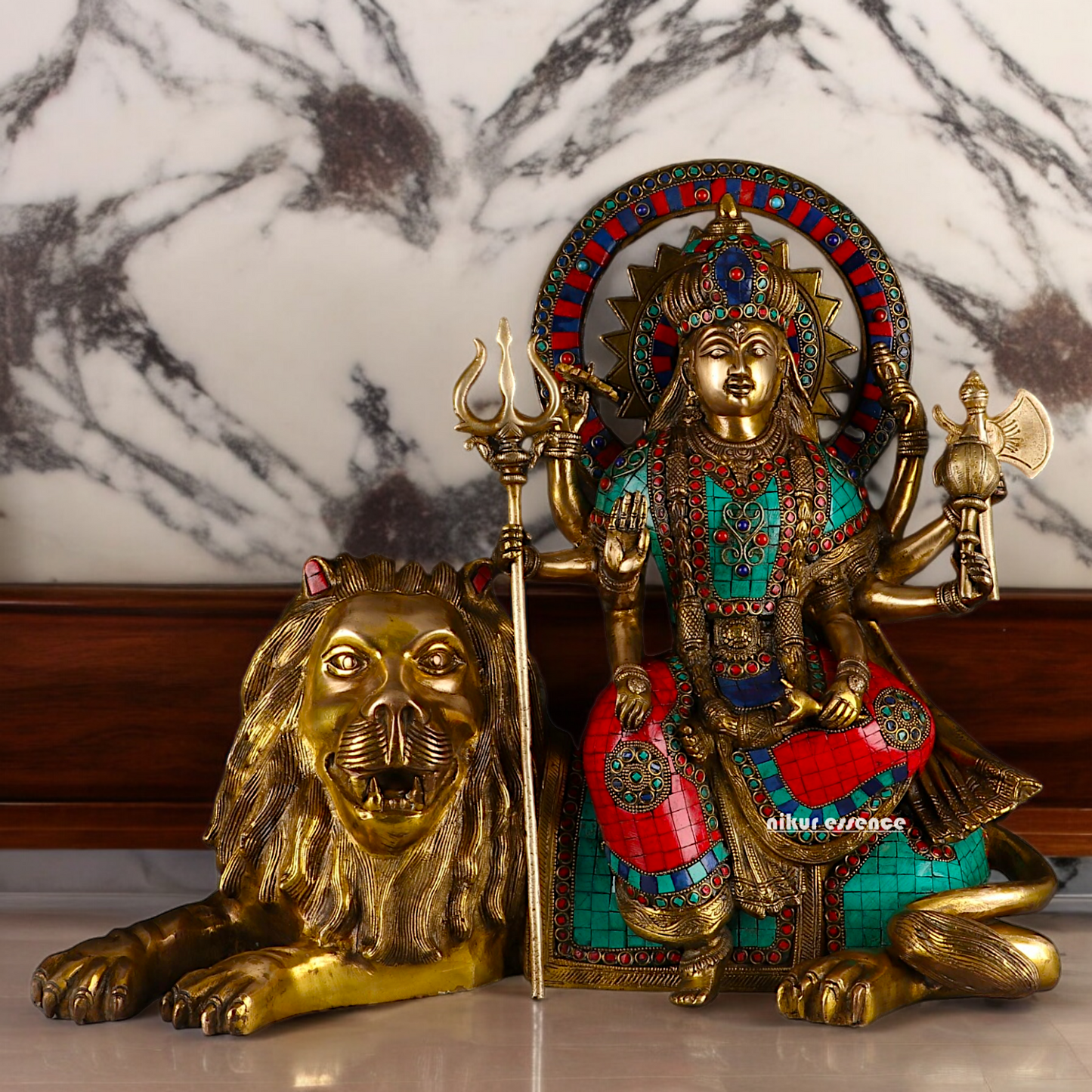 Online Durga Maa Sitting on Lion Statue with Stone Work - 16.535 inches Nikuressence