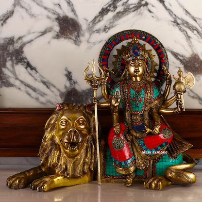 Online Durga Maa Sitting on Lion Statue with Stone Work - 16.535 inches Nikuressence
