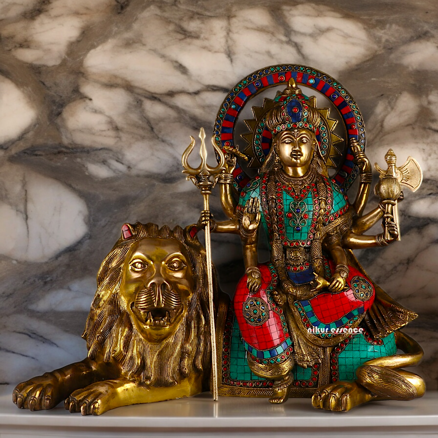 Online Durga Maa Sitting on Lion Statue with Stone Work - 16.535 inches Nikuressence