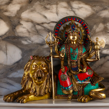 Online Durga Maa Sitting on Lion Statue with Stone Work - 16.535 inches Nikuressence