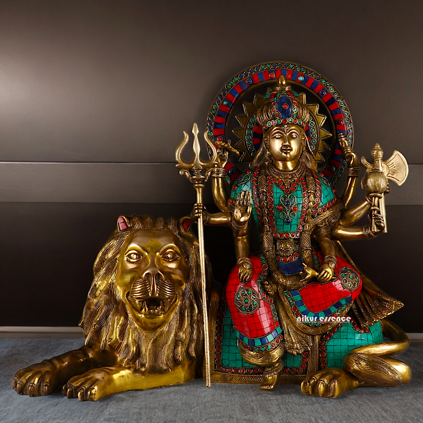 Online Durga Maa Sitting on Lion Statue with Stone Work - 16.535 inches Nikuressence