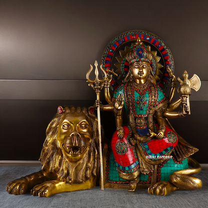 Online Durga Maa Sitting on Lion Statue with Stone Work - 16.535 inches Nikuressence
