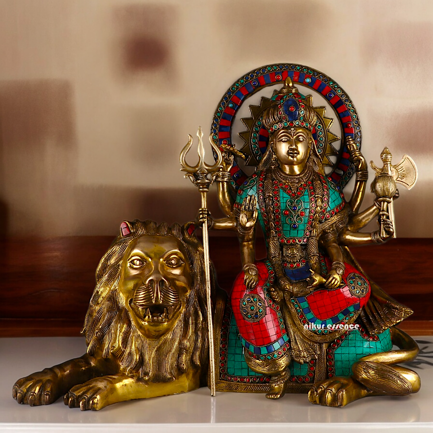 Online Durga Maa Sitting on Lion Statue with Stone Work - 16.535 inches Nikuressence