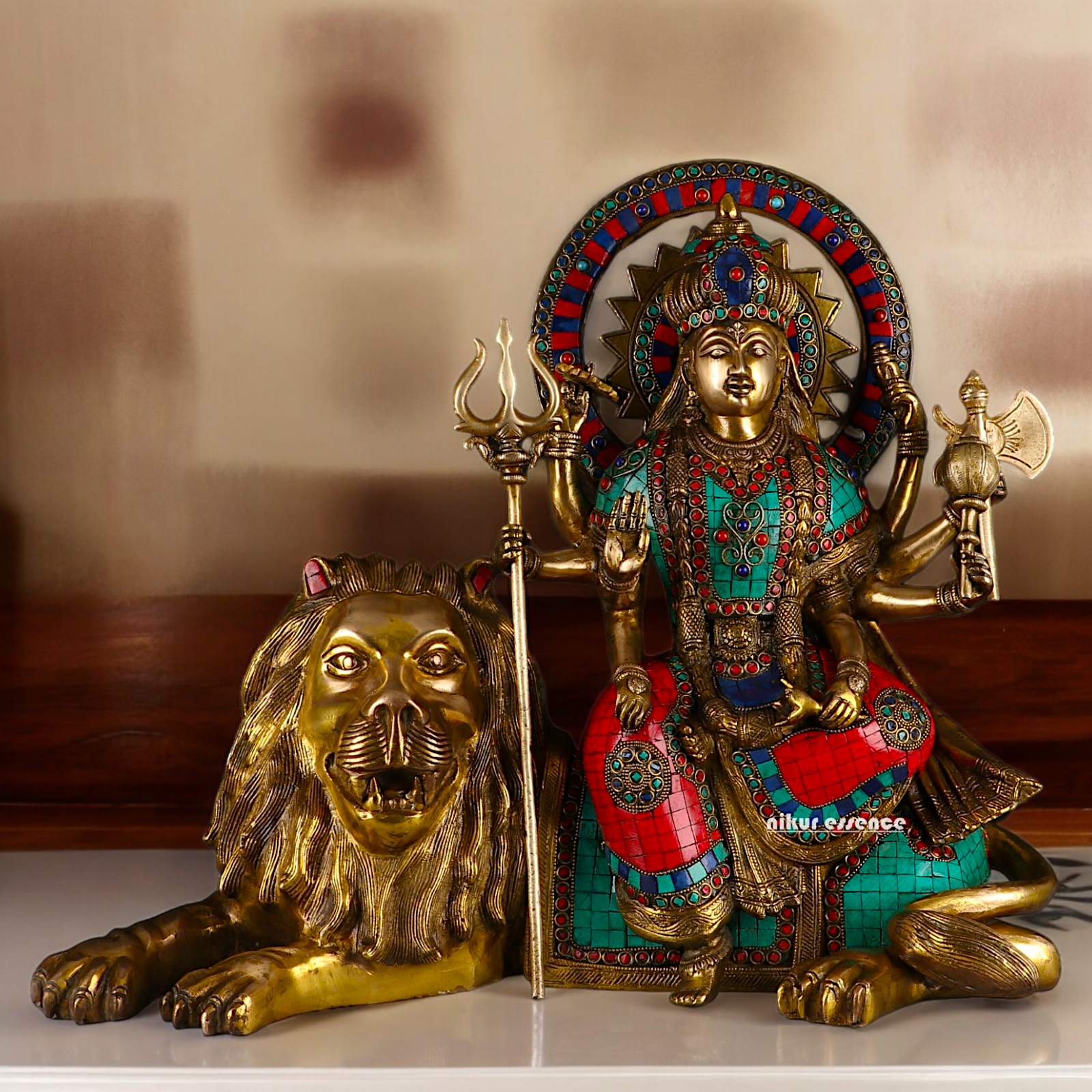 Online Durga Maa Sitting on Lion Statue with Stone Work - 16.535 inches Nikuressence