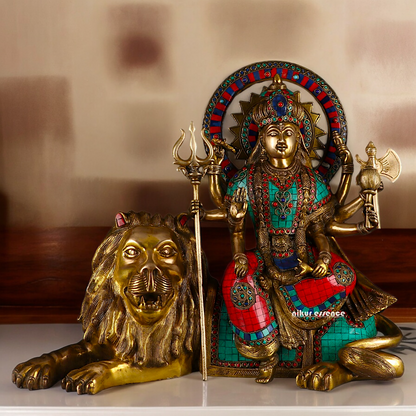 Online Durga Maa Sitting on Lion Statue with Stone Work - 16.535 inches Nikuressence