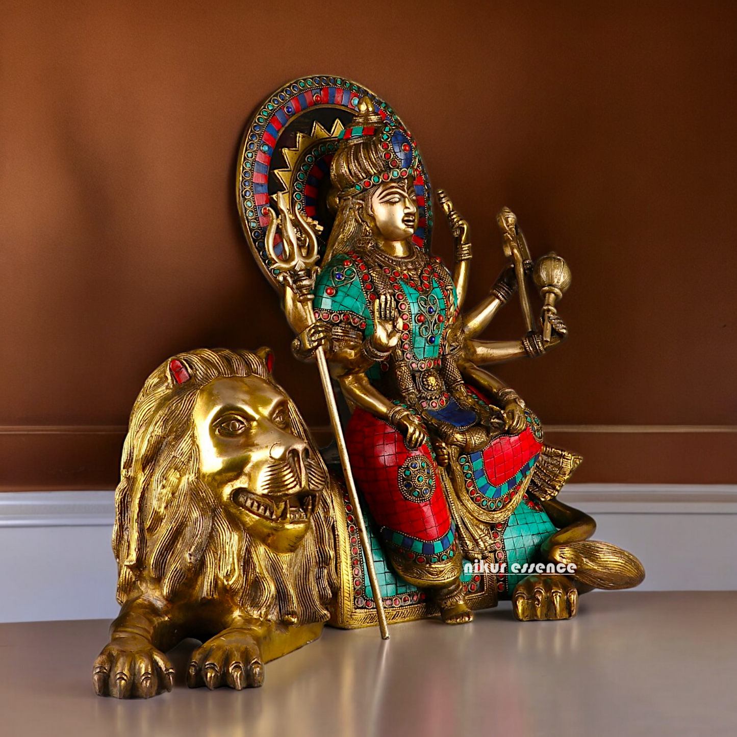 Online Durga Maa Sitting on Lion Statue with Stone Work - 16.535 inches Nikuressence