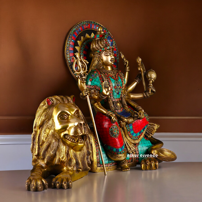 Online Durga Maa Sitting on Lion Statue with Stone Work - 16.535 inches Nikuressence