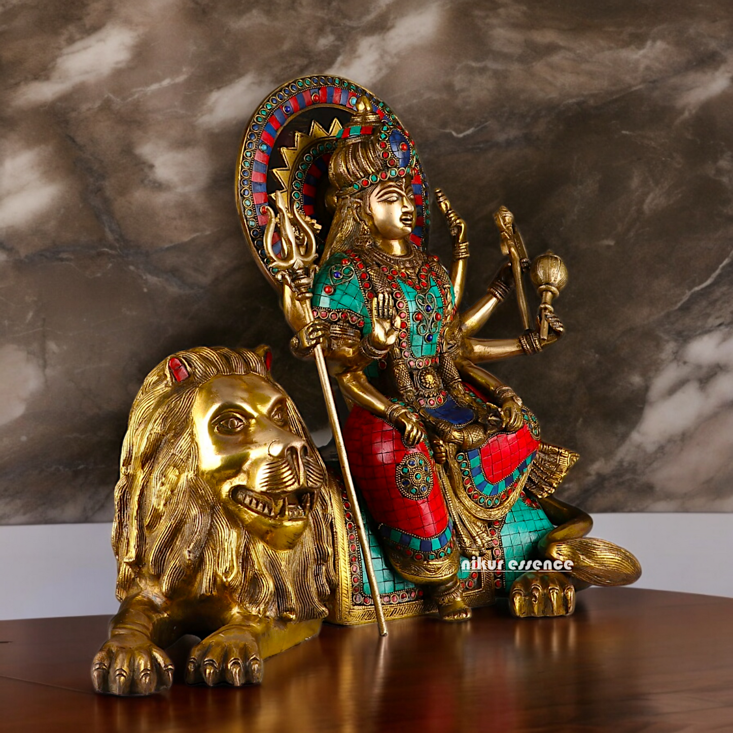 Online Durga Maa Sitting on Lion Statue with Stone Work - 16.535 inches Nikuressence
