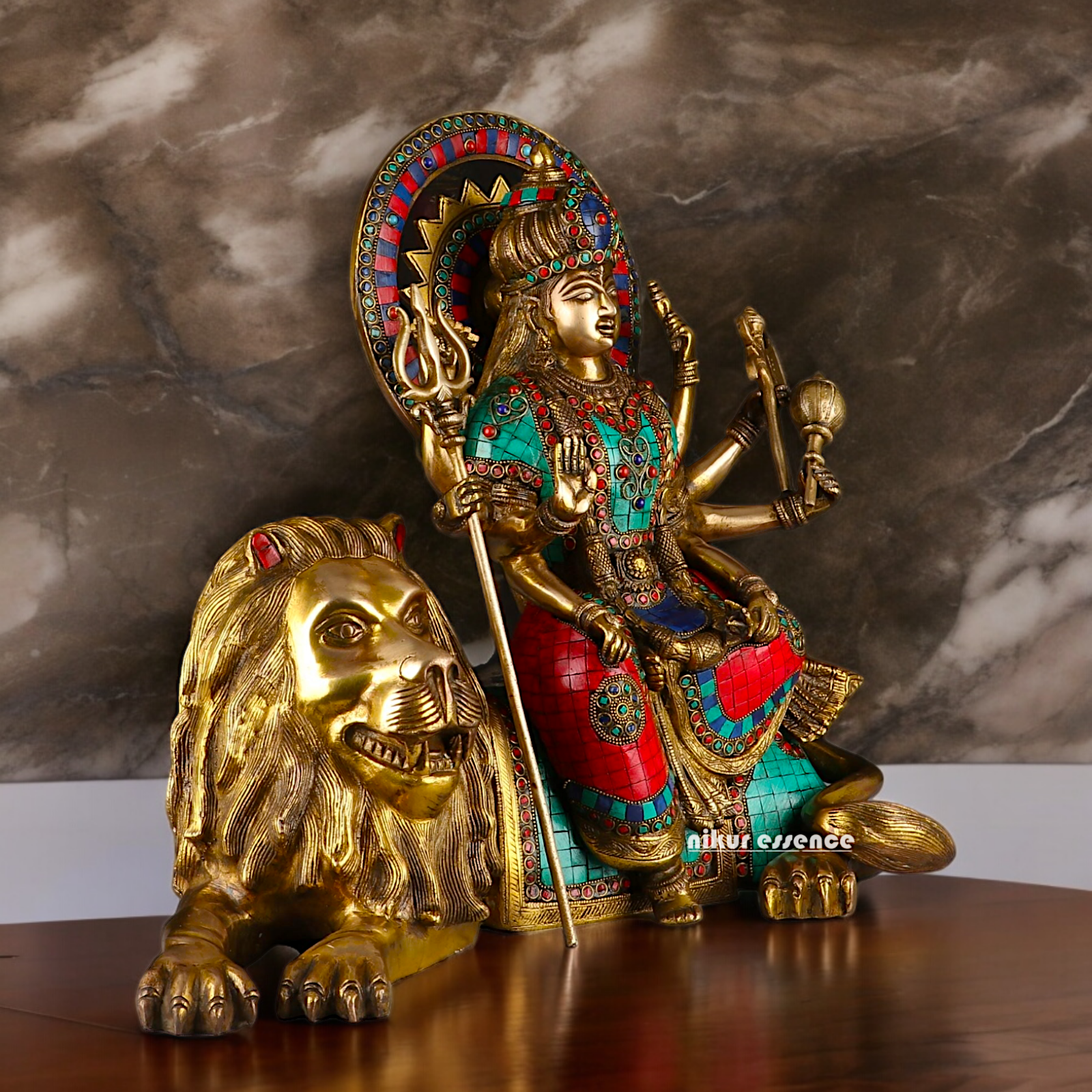 Online Durga Maa Sitting on Lion Statue with Stone Work - 16.535 inches Nikuressence