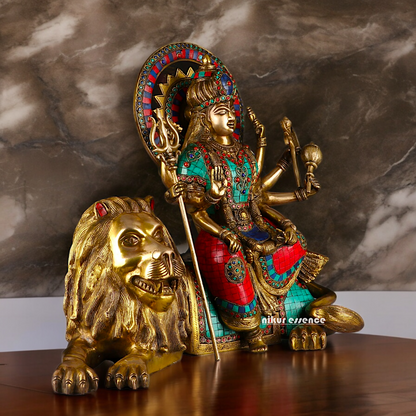 Online Durga Maa Sitting on Lion Statue with Stone Work - 16.535 inches Nikuressence