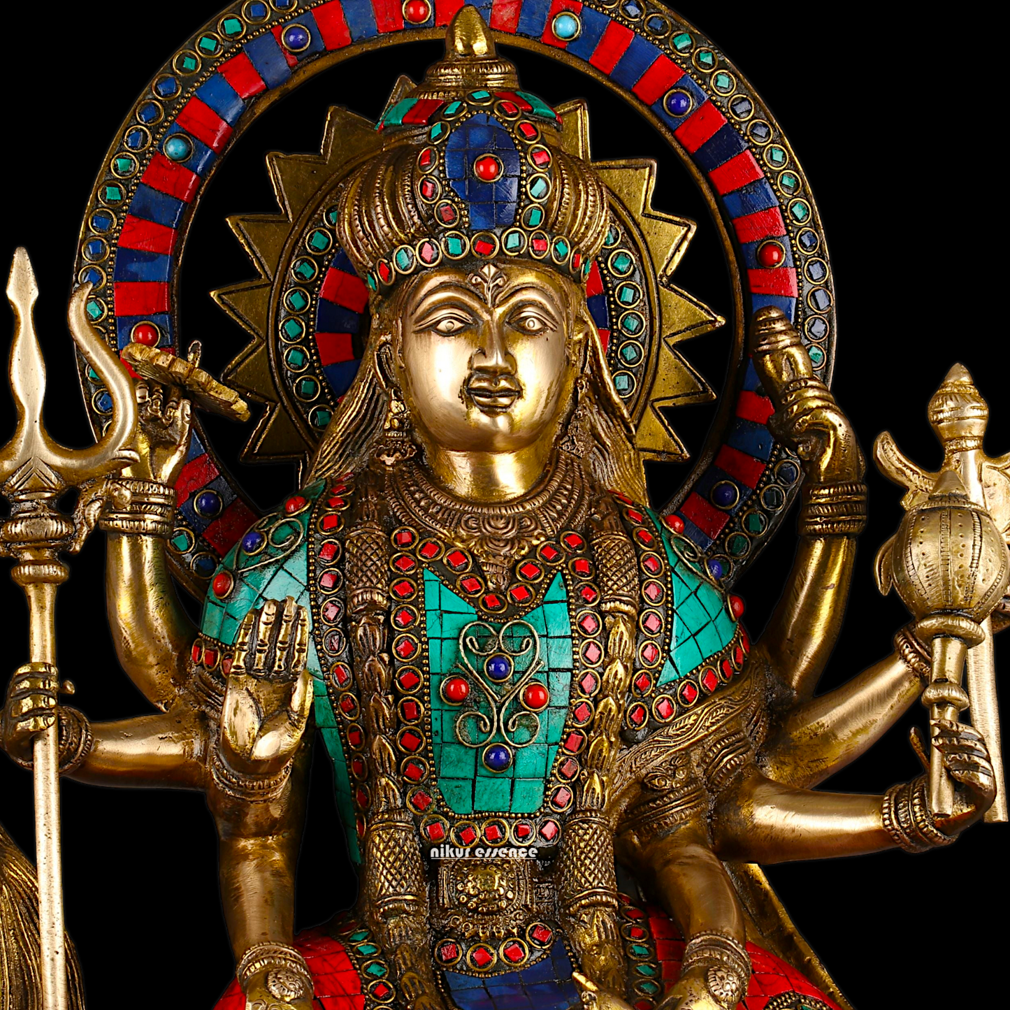Online Durga Maa Sitting on Lion Statue with Stone Work - 16.535 inches Nikuressence