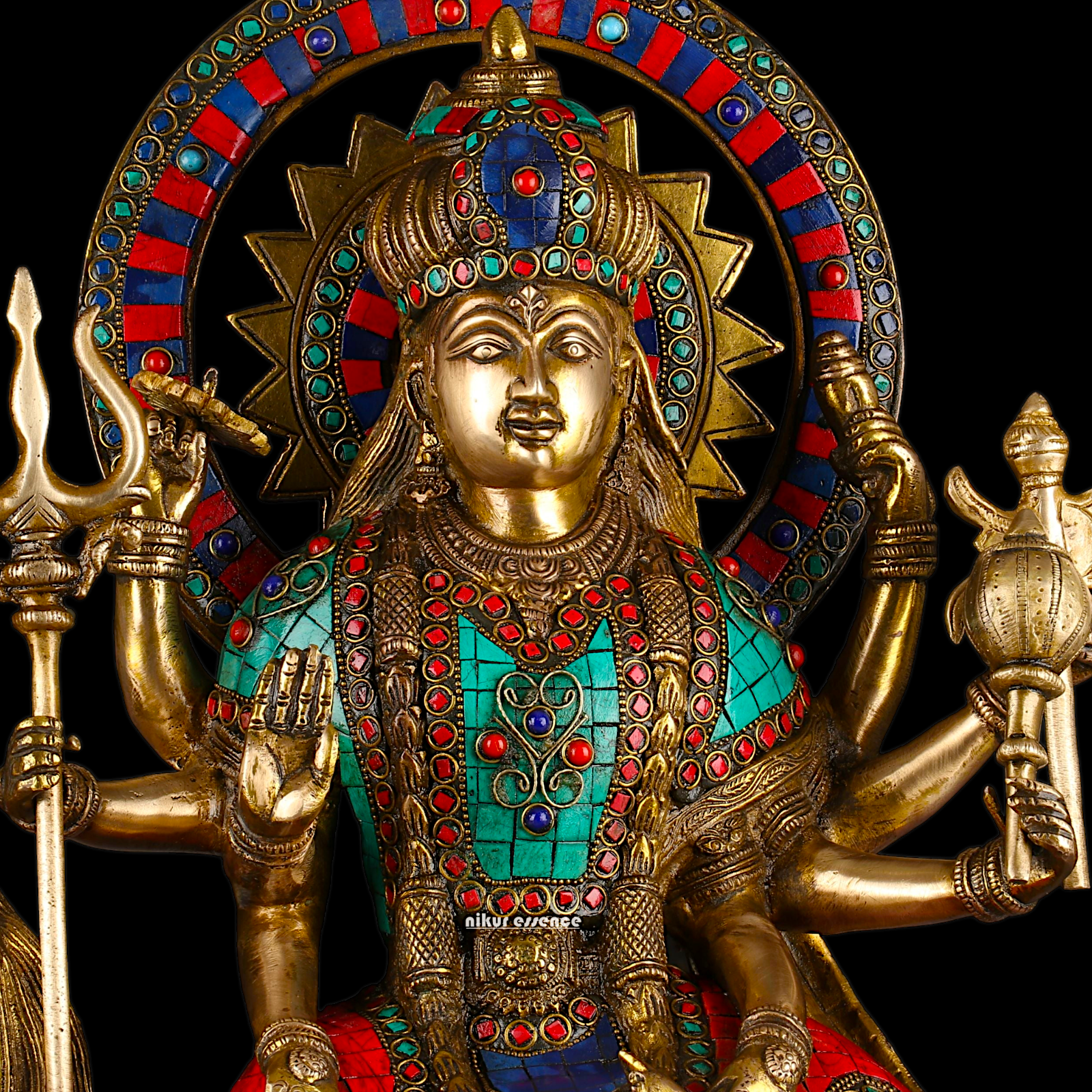 Online Durga Maa Sitting on Lion Statue with Stone Work - 16.535 inches Nikuressence