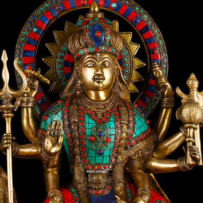 Online Durga Maa Sitting on Lion Statue with Stone Work - 16.535 inches Nikuressence