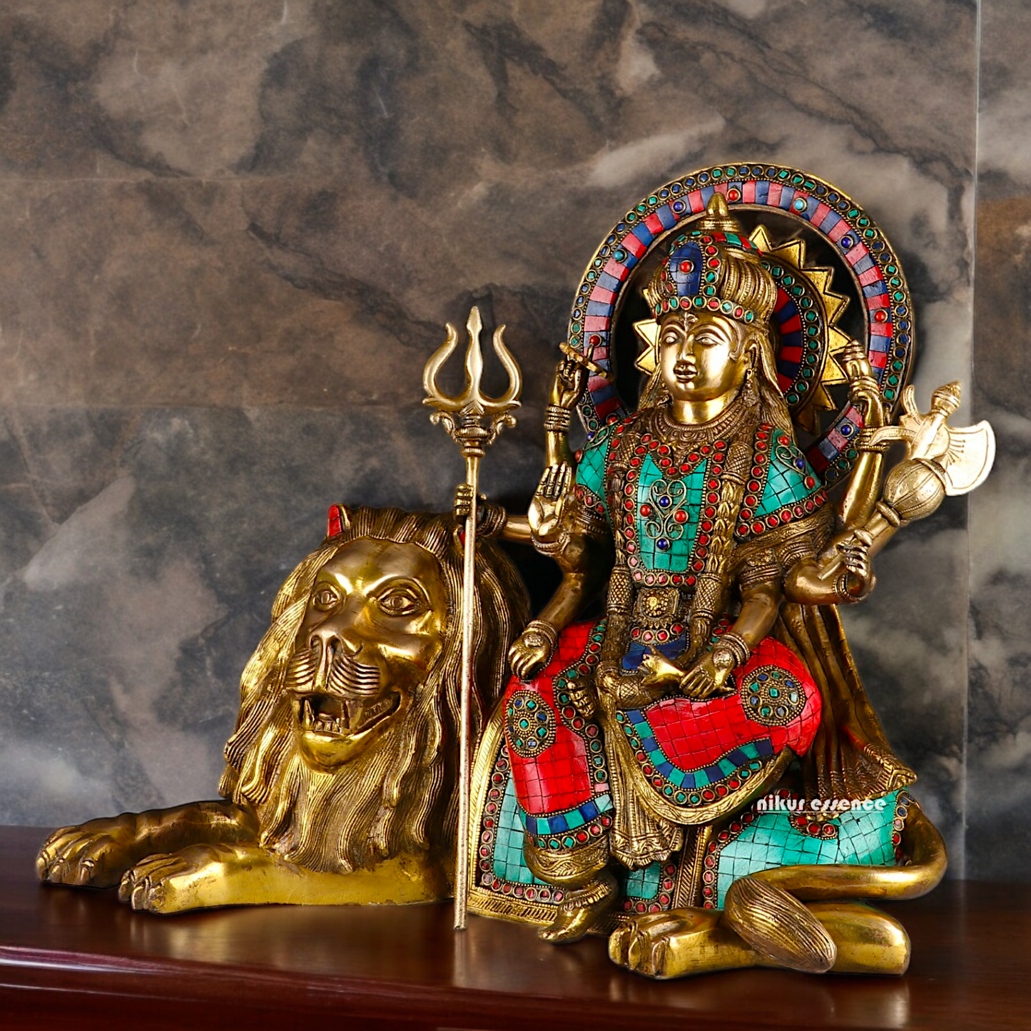 Online Durga Maa Sitting on Lion Statue with Stone Work - 16.535 inches Nikuressence