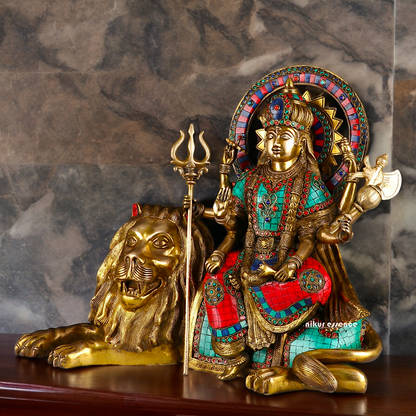 Online Durga Maa Sitting on Lion Statue with Stone Work - 16.535 inches Nikuressence