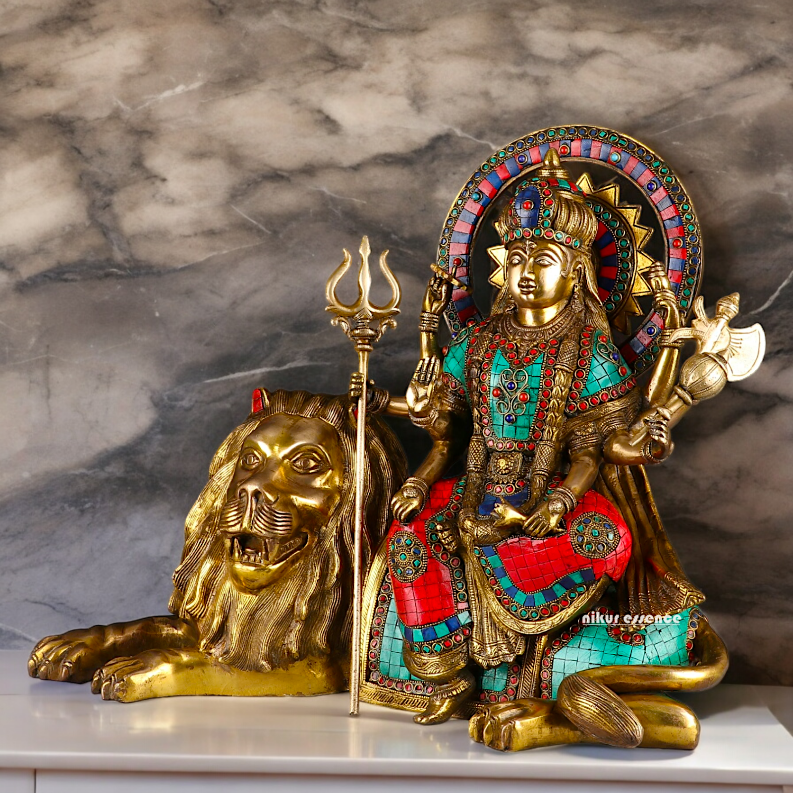 Online Durga Maa Sitting on Lion Statue with Stone Work - 16.535 inches Nikuressence