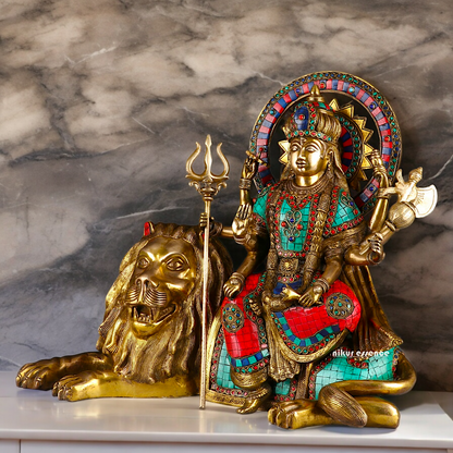 Online Durga Maa Sitting on Lion Statue with Stone Work - 16.535 inches Nikuressence