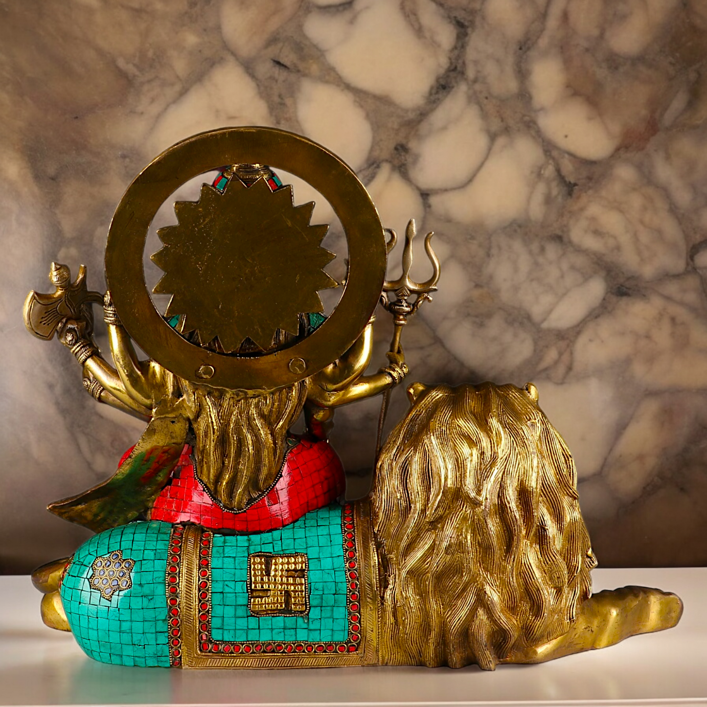 Online Durga Maa Sitting on Lion Statue with Stone Work - 16.535 inches Nikuressence