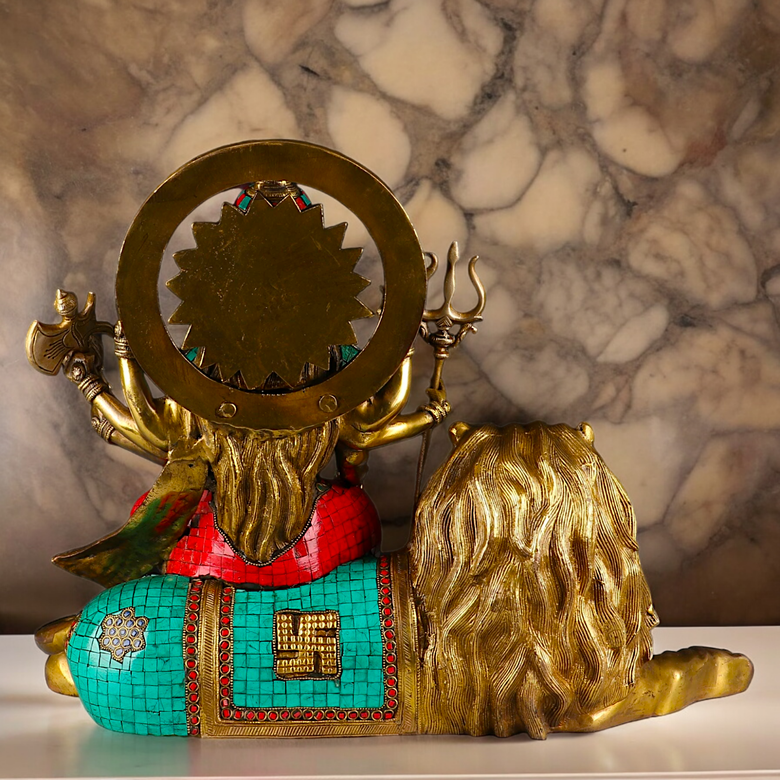 Online Durga Maa Sitting on Lion Statue with Stone Work - 16.535 inches Nikuressence