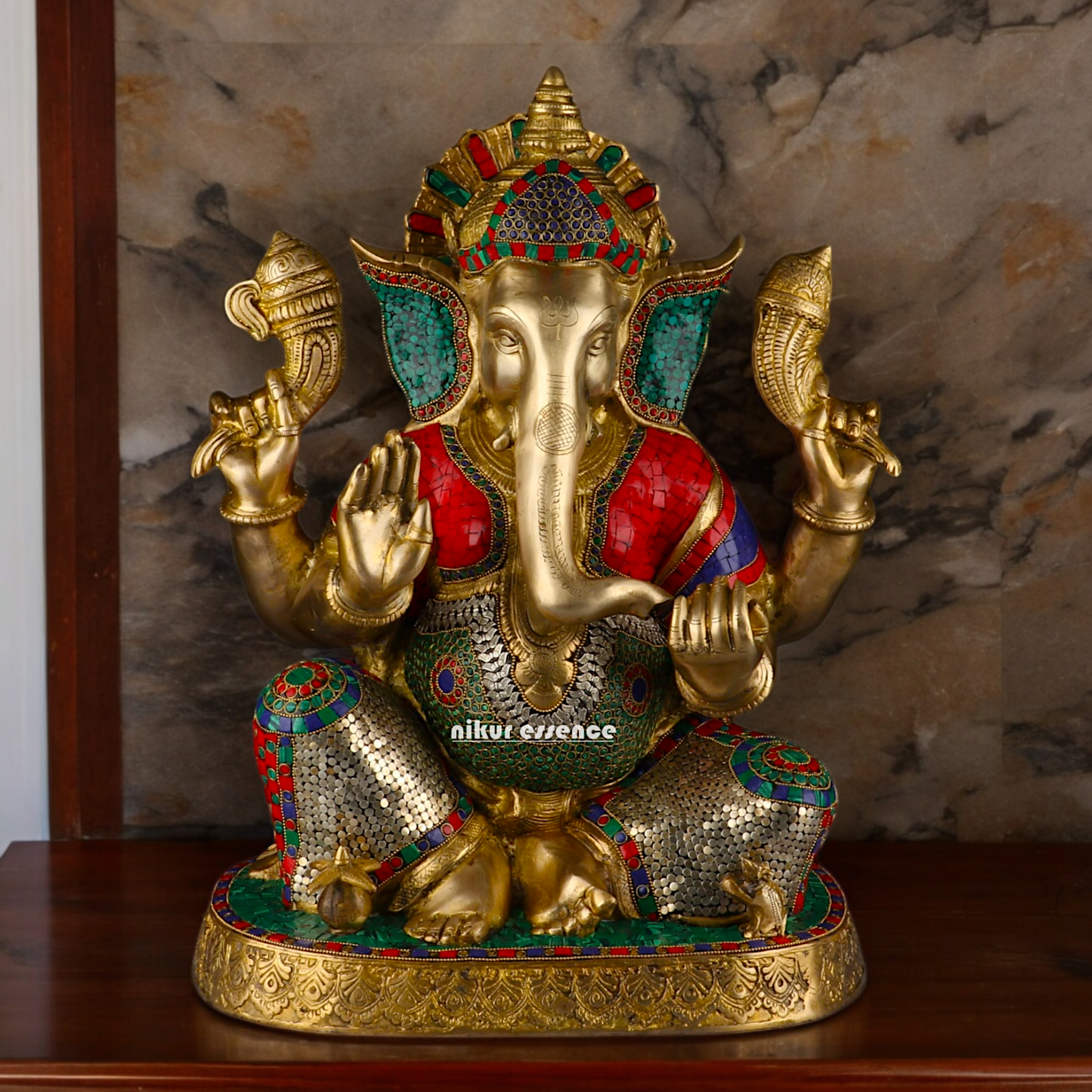 Large Ganesh Ganpati Sitting Brass beautiful Idol with Stone Work - 22 inches Nikuressence