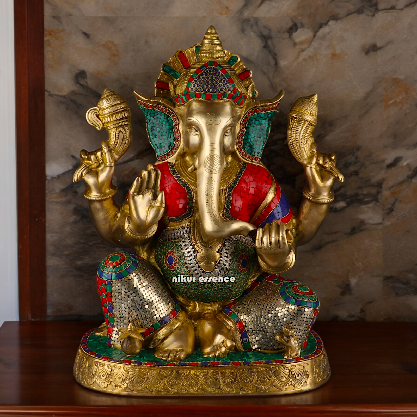 Large Ganesh Ganpati Sitting Brass beautiful Idol with Stone Work - 22 inches Nikuressence