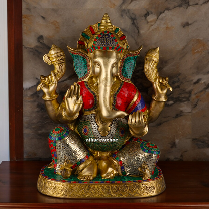 Large Ganesh Ganpati Sitting Brass beautiful Idol with Stone Work - 22 inches Nikuressence