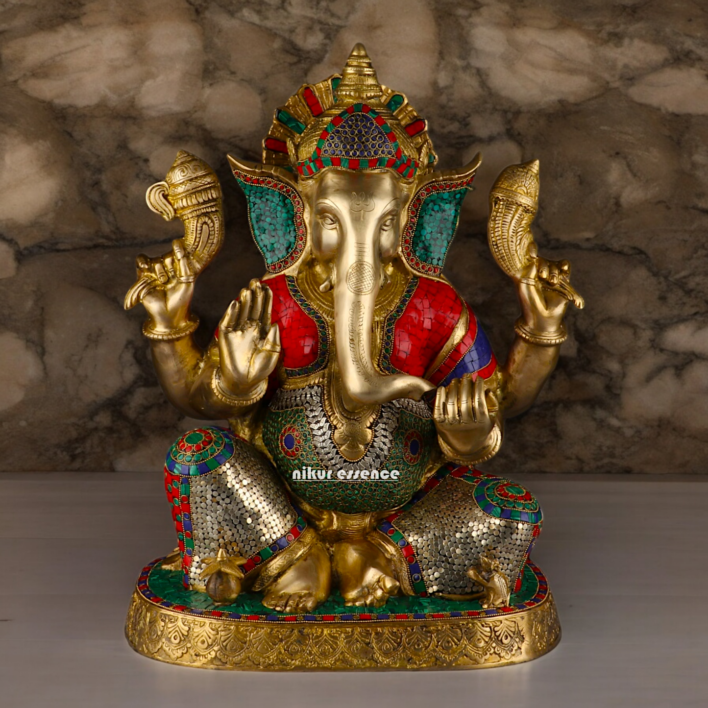 Large Ganesh Ganpati Sitting Brass beautiful Idol with Stone Work - 22 inches Nikuressence