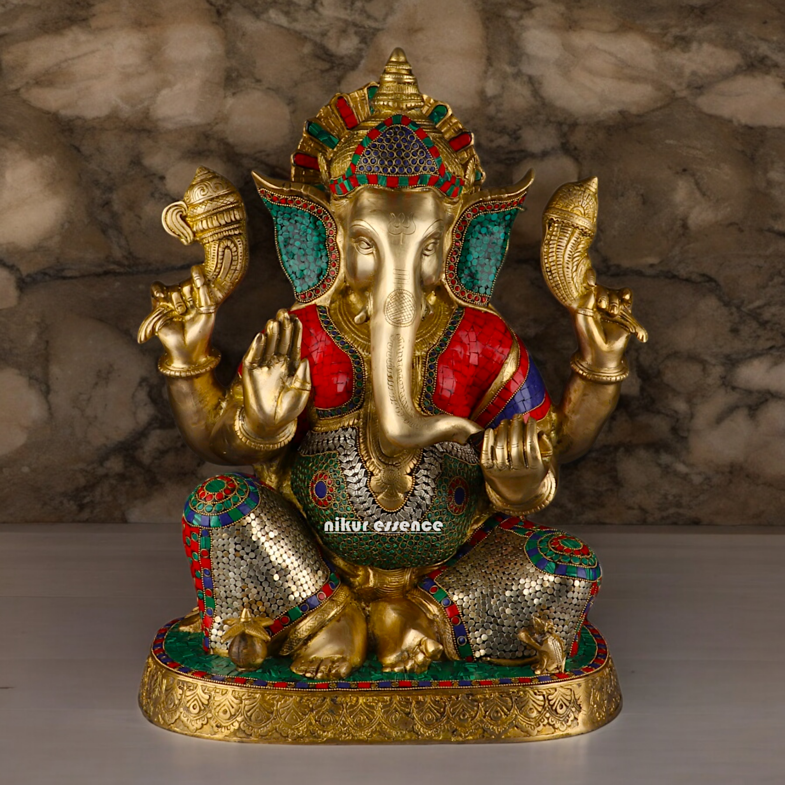 Large Ganesh Ganpati Sitting Brass beautiful Idol with Stone Work - 22 inches Nikuressence