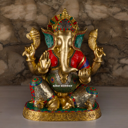 Large Ganesh Ganpati Sitting Brass beautiful Idol with Stone Work - 22 inches Nikuressence