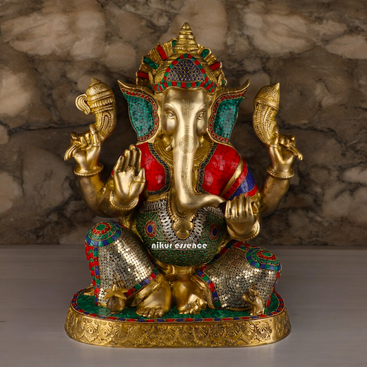 Large Ganesh Ganpati Sitting Brass beautiful Idol with Stone Work - 22 inches Nikuressence