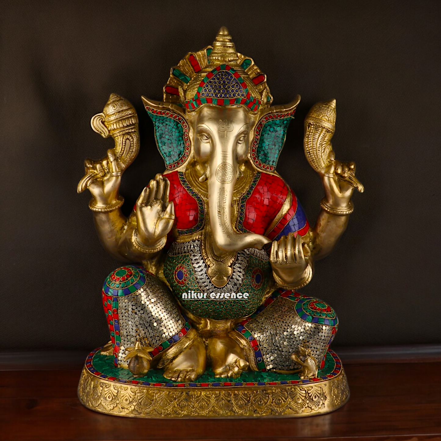 Large Ganesh Ganpati Sitting Brass beautiful Idol with Stone Work - 22 inches Nikuressence